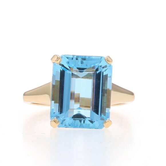 Yellow Gold Aquamarine Cocktail Solitaire Ring - 14k Emerald 7.21ct - Picture 1 of 6